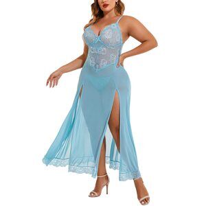 5718 Plus Size Lingerie Long Sheer Nightgowns Sexy Nighty Chemise Side